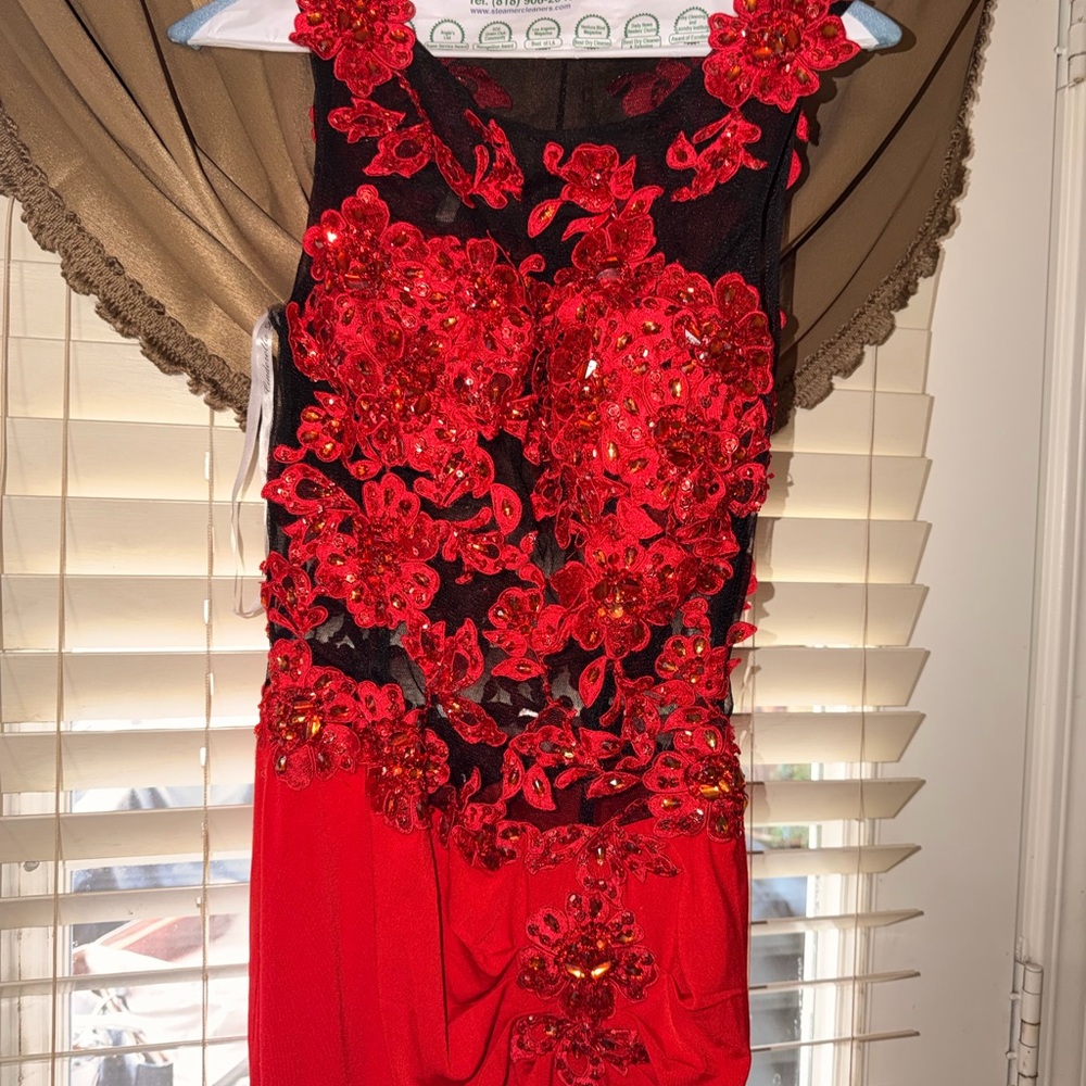 Cinderella Red and Black Floral Prom Dress - Picture 8 of 9